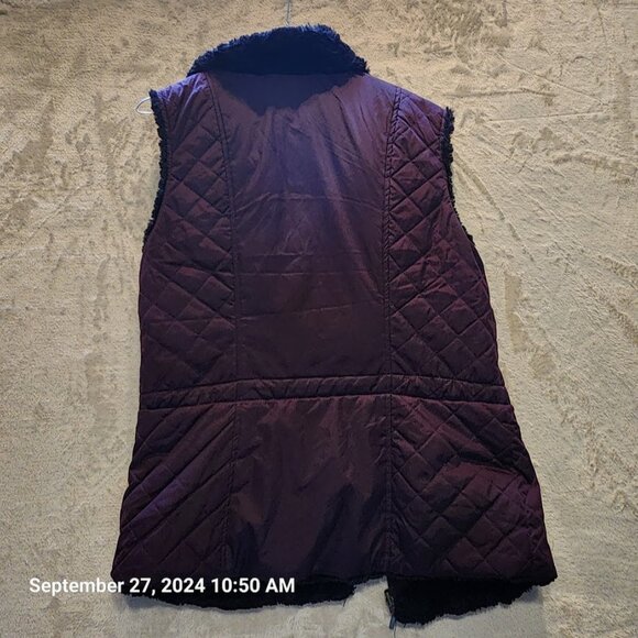 Giacca Reversible Faux Fur Black Purple Vest Size Medium Full Zip Toggle Cinch - Picture 12 of 12